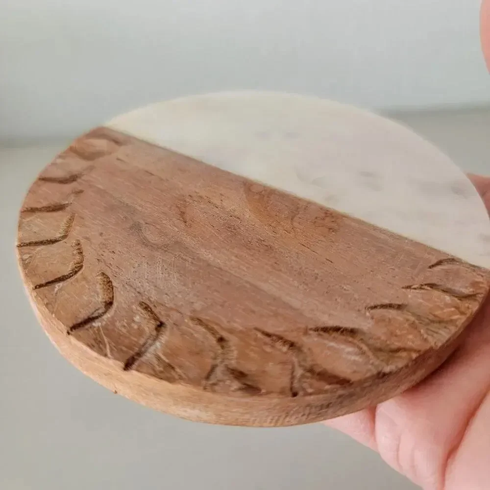 Handmade Marble and Wood Round Coaster Set of 2 Acacia Wood White Marble
